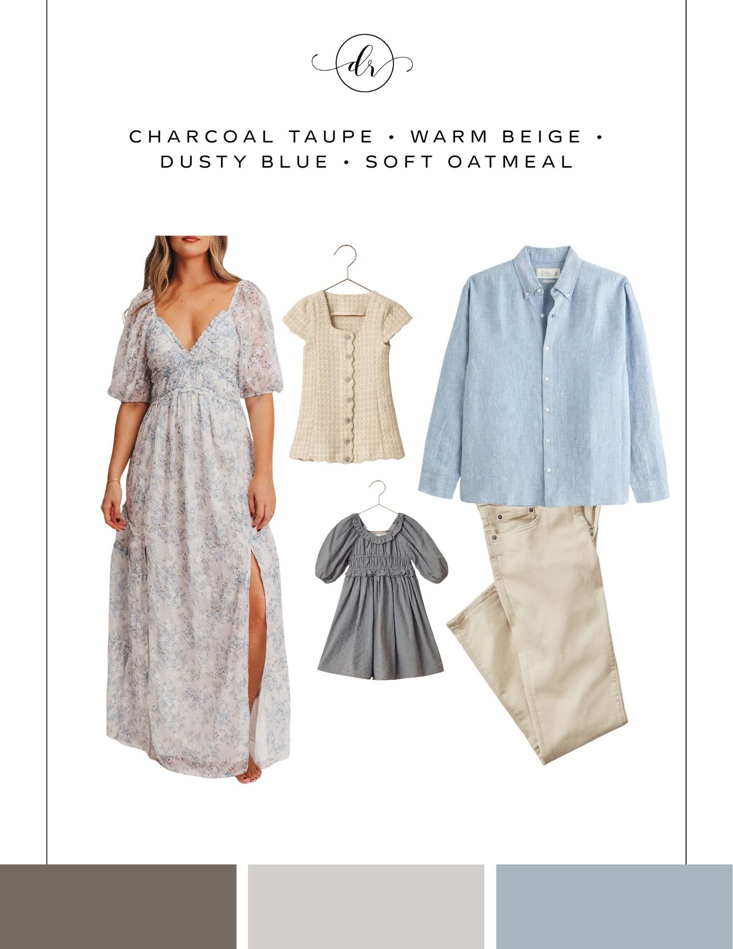 Family photo outfit coordination guide featuring charcoal taupe, warm beige, dusty blue, and soft oatmeal color palette.