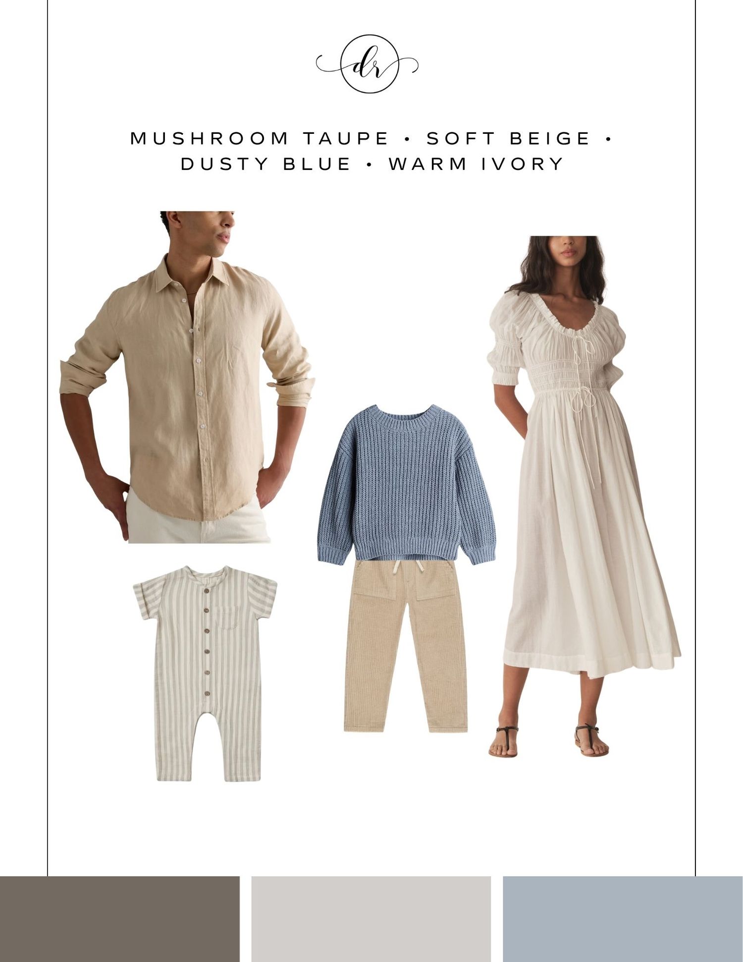 Family photo outfit coordination in mushroom taupe, soft beige, dusty blue, and warm ivory tones featuring linen and knit pieces.