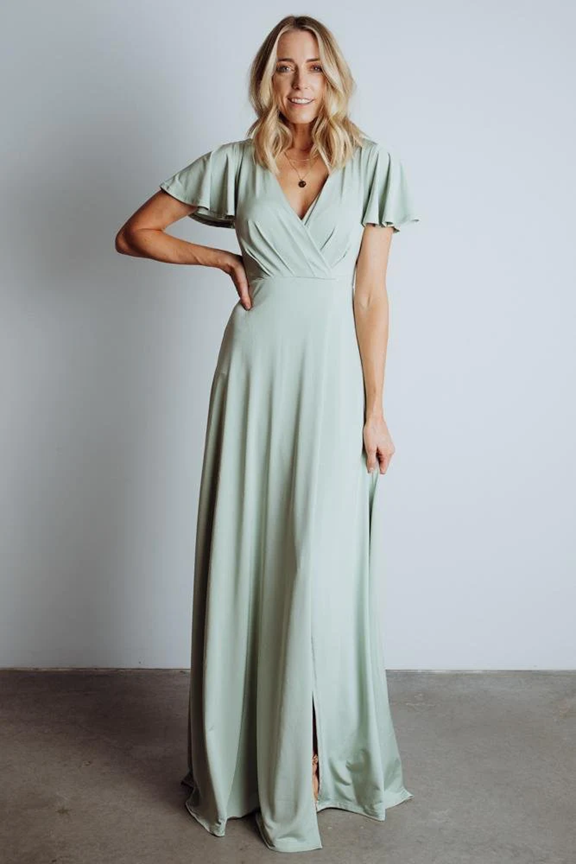 Sage green maxi dress with v-neck and short flutter sleeves shown in multiple poses.