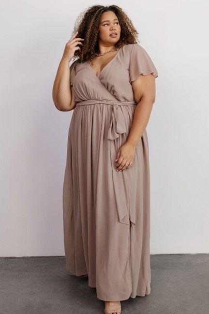 Taupe flowy wrap dress with short sleeves and empire waist shown from multiple views.