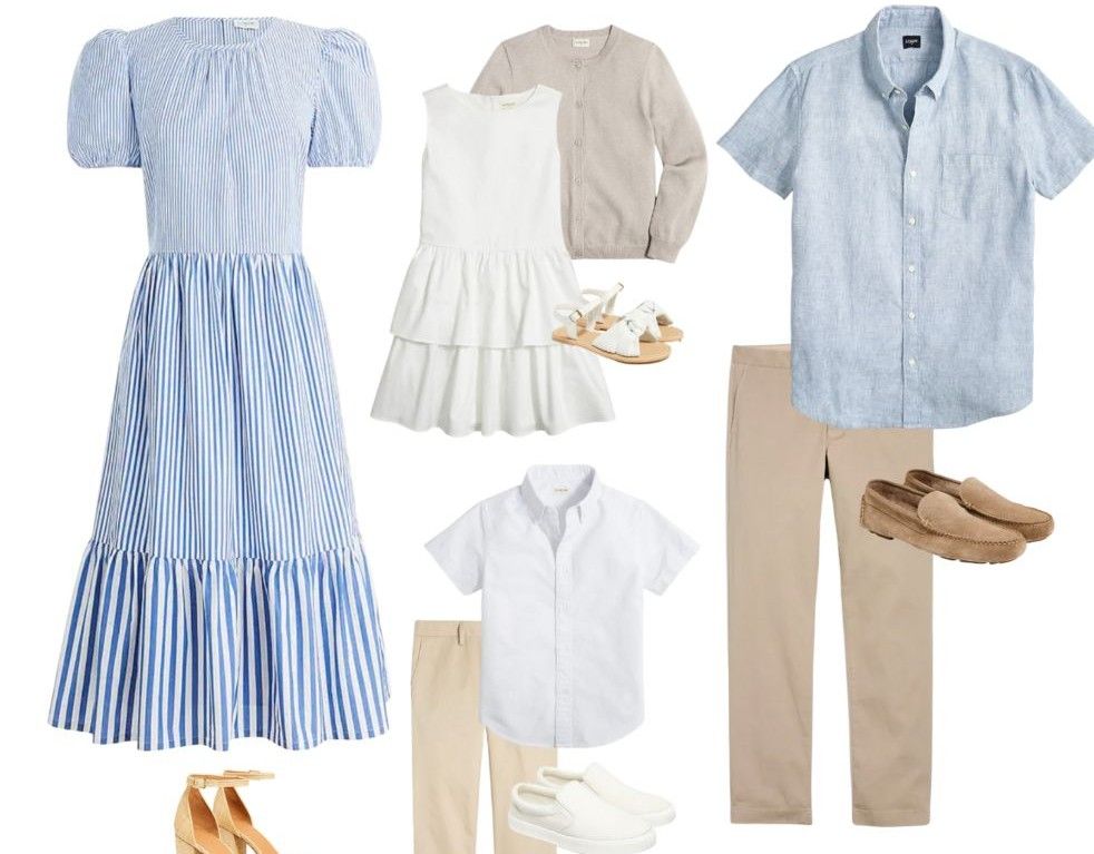 Light blue striped tiered midi dress with puff sleeves styled with coordinating beige and white casual summer outfits.