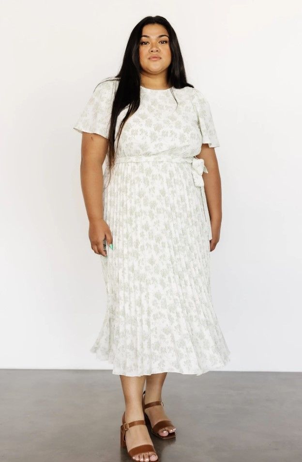 White printed midi dress with short sleeves and tiered skirt shown from various angles.