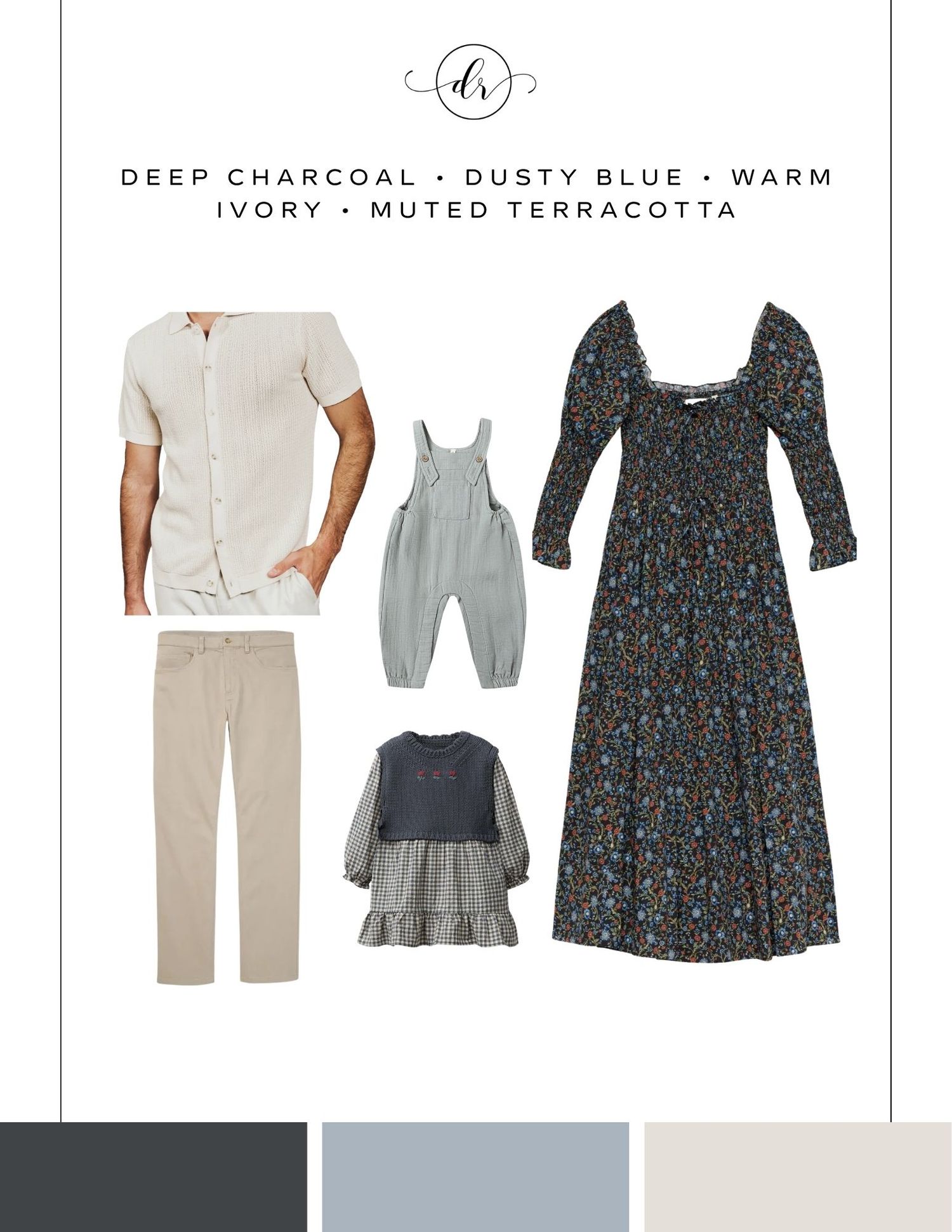 Family photo outfit coordination guide featuring deep charcoal, dusty blue, warm ivory, and muted terracotta color palette.