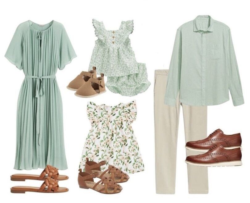 Coordinated mint green and floral family outfit set with brown leather shoes and accessories in a flat lay arrangement.