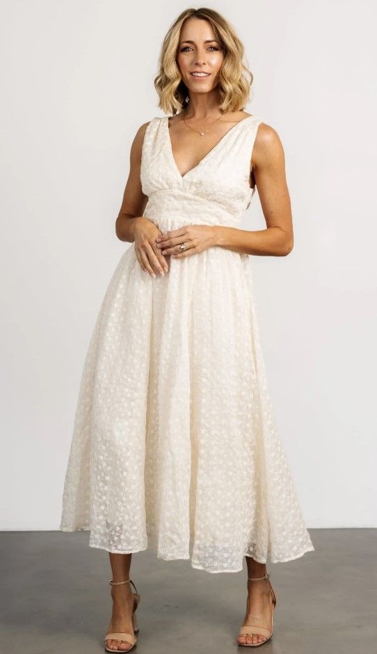 Cream-colored lace midi dress with v-neckline and sleeveless design shown from multiple angles.