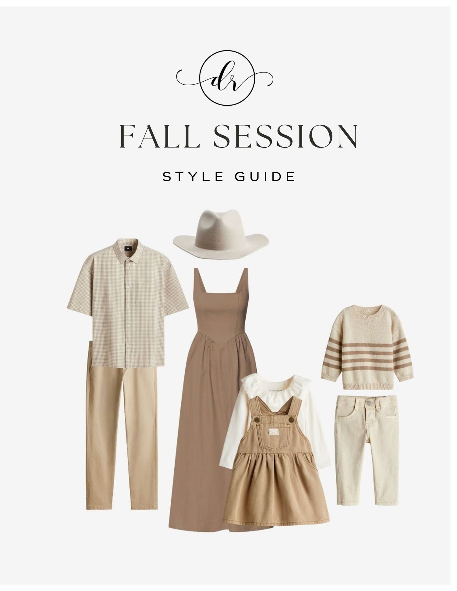 Fall family photo session style guide featuring neutral beige and tan coordinated outfits for mom, dad, and two children.