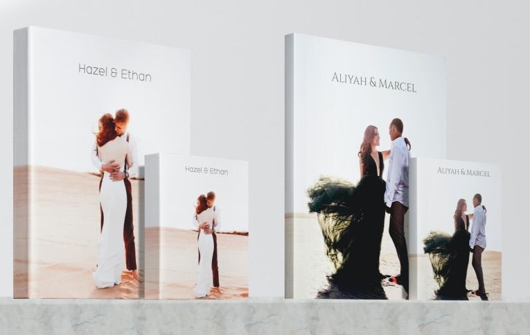 Eight minimalist black and white photographs showing dance movements against a white background. Parent Albums of wedding