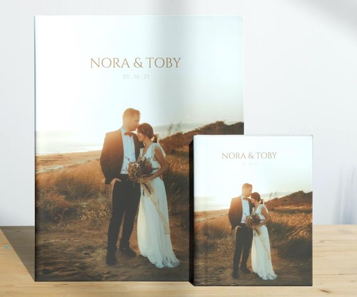 Wedding photo prints showing couple embracing in golden field at sunset displayed in two different sizes. For Parents of bride and groom.