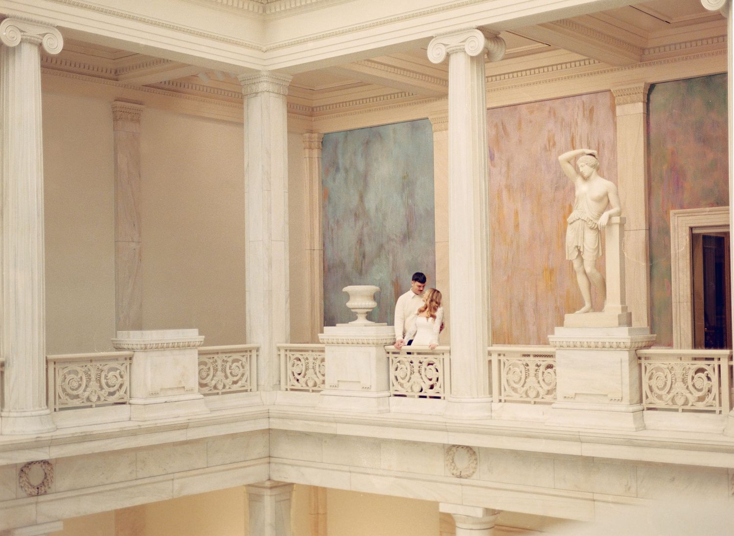 Carnegie Museum Pittsburgh engagement photos, film photography session, editorial marble architecture, moody ambient light, Pittsburgh PA.