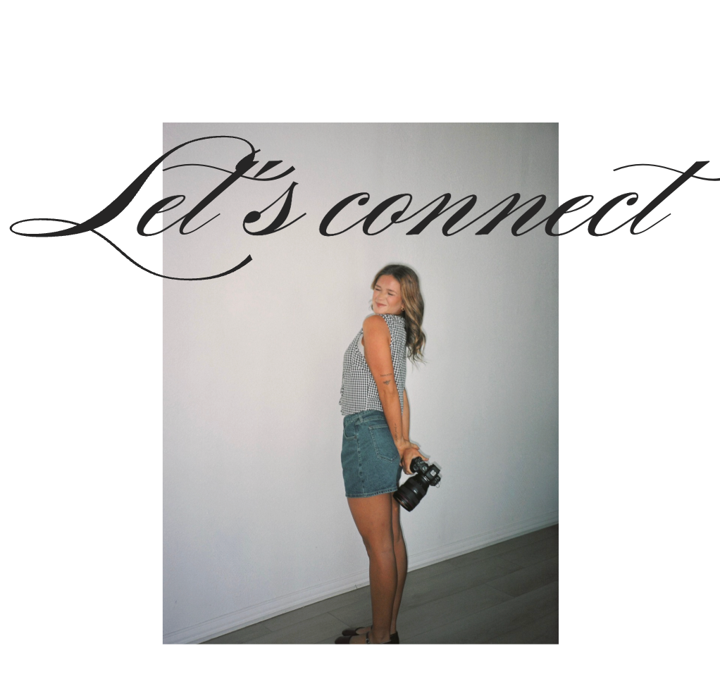 Young woman holding a camera poses in a gray tank and denim skirt with Let's connect text overlay.