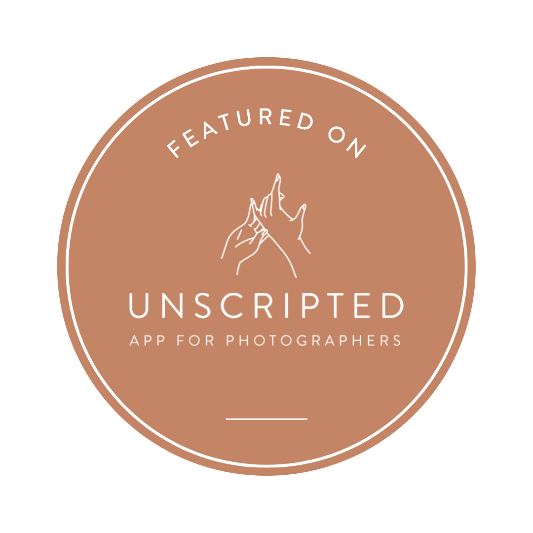 Elegant copper-colored circular badges with text 'Featured on Unscripted' and minimalist photography icons.