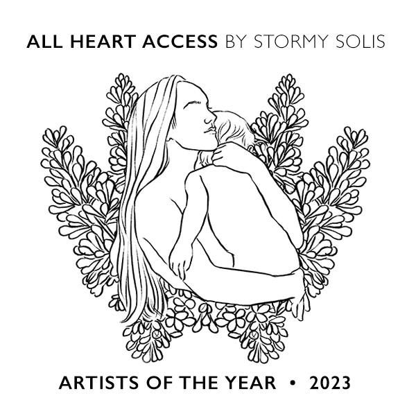 Artistic black and white illustration of figures with floral elements and text reading 'All Heart Access' by Stormy Solis.