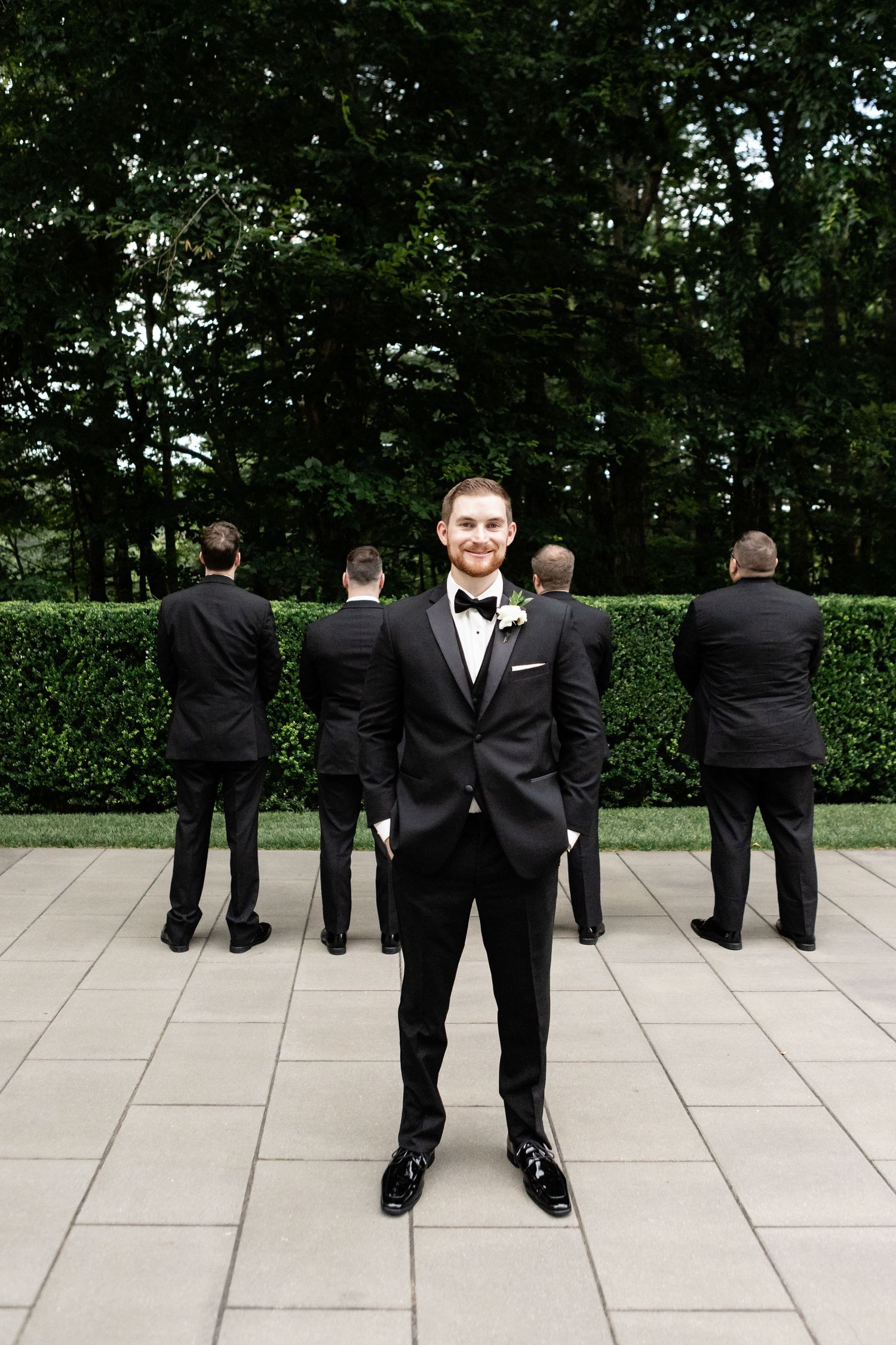 Lakeview Pavilion wedding Foxborough MA groomsmen photos outdoor on stone patio