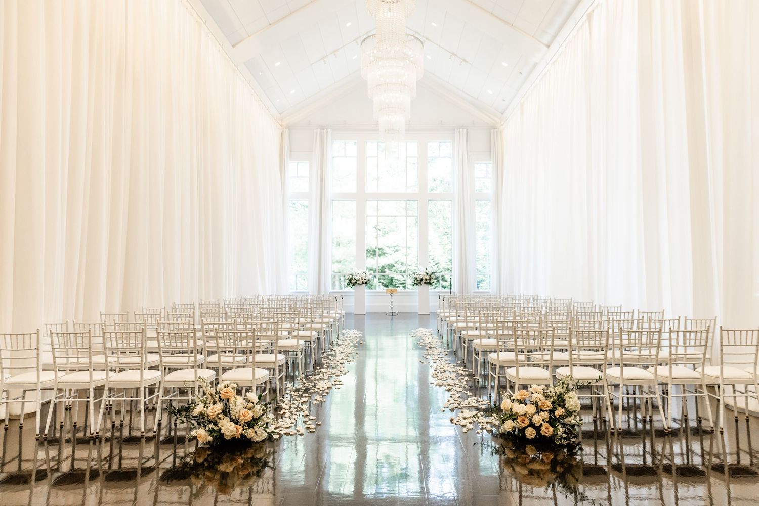 Lakeview Pavilion wedding Foxborough MA indoor ceremony white drapes all white interior wedding venue