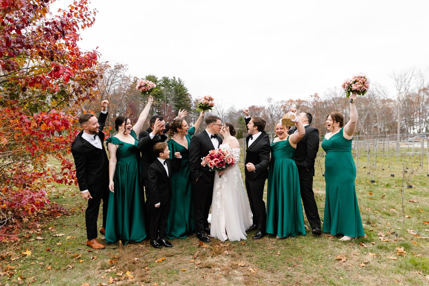 Labelle Winery wedding Derry NH Fall bridal party portraits with foliage in vineyard November