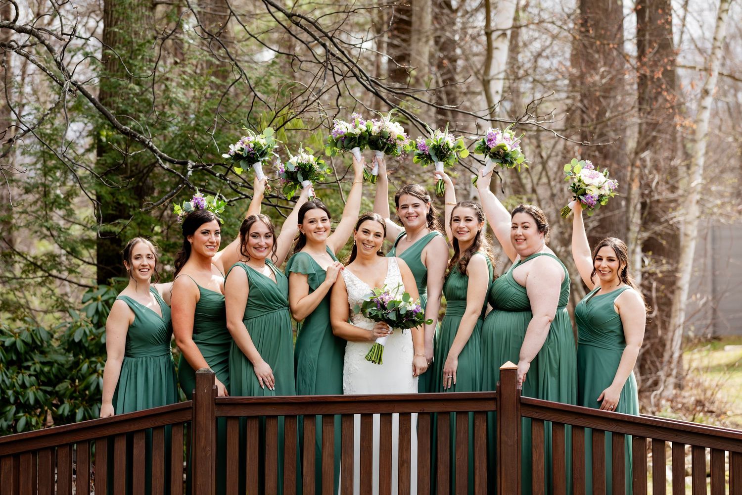 Birch Wood Vineyards Wedding Derry NH outdoor portrait area bridesmaids with bride on bridge with bouquets April wedding