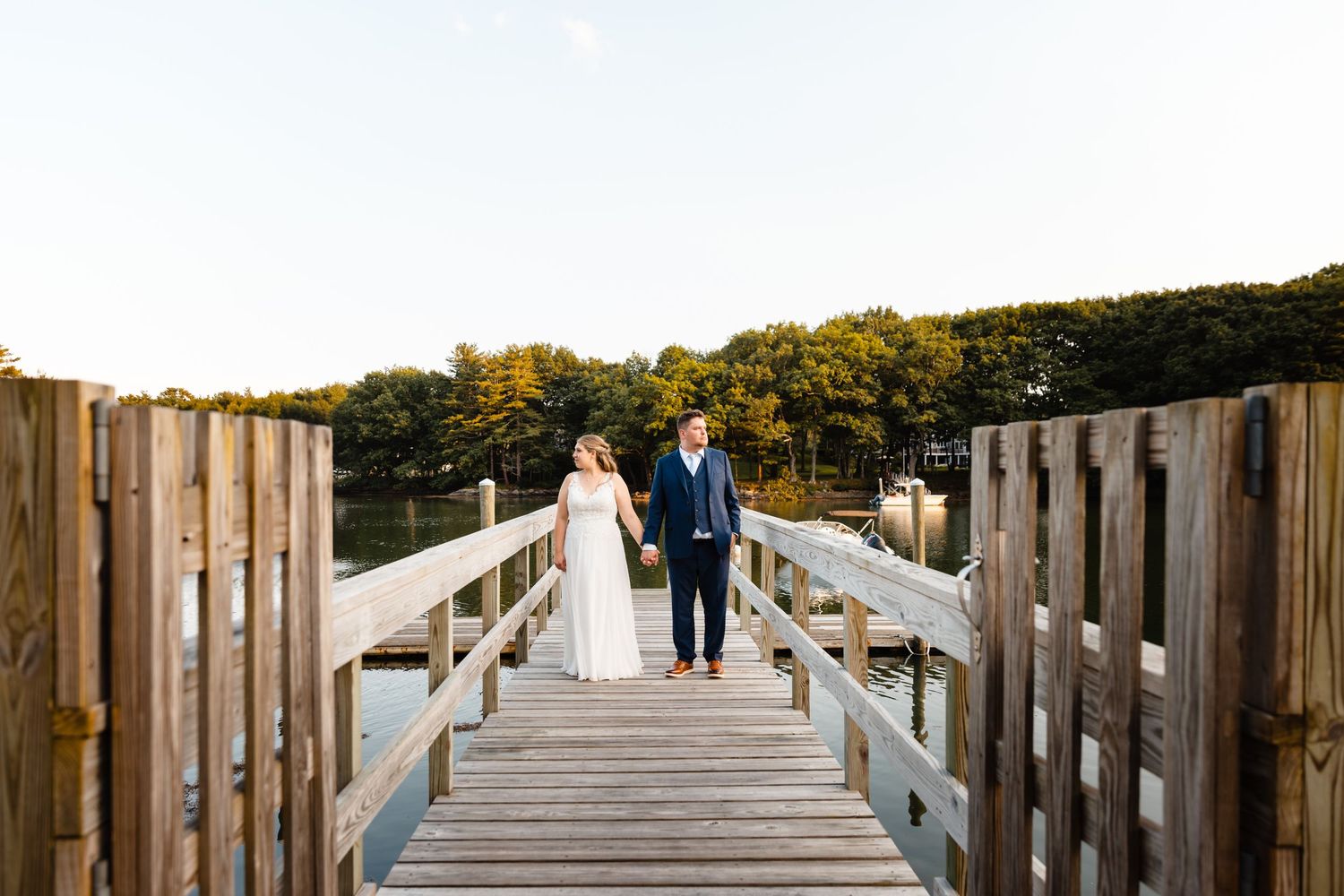 Waterfront at the Elks Wedding Portsmouth NH outdoor bride and groom sunset photos on dock