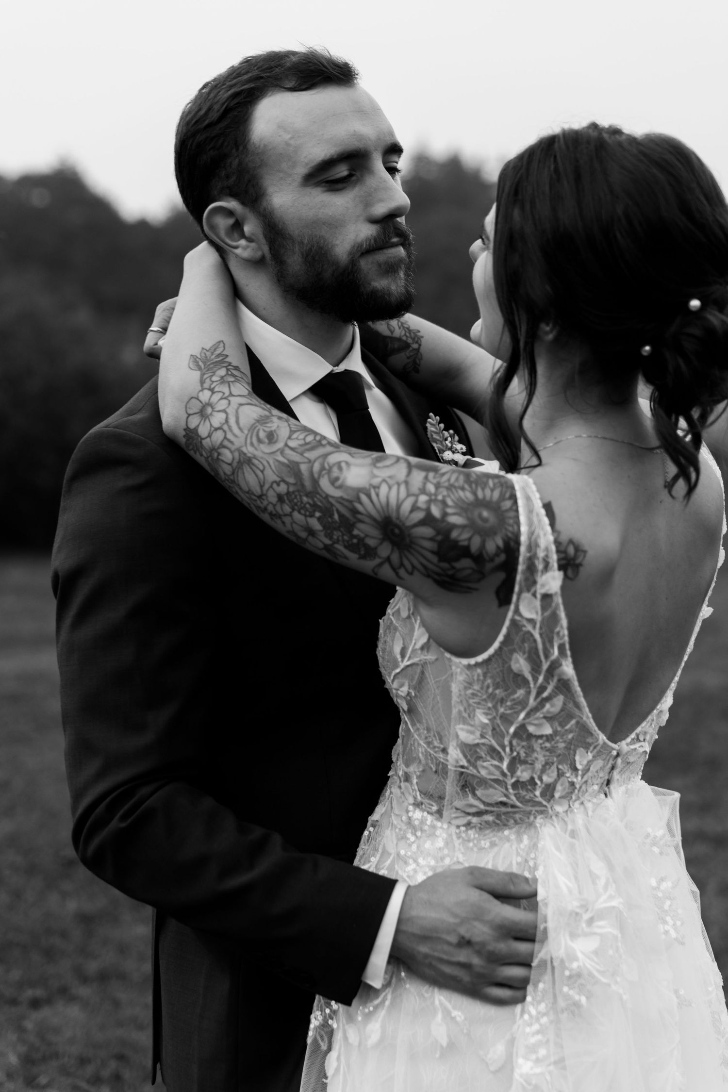 Black and white photo of bride and groom portrait at Andover Barn in Andover, NH
