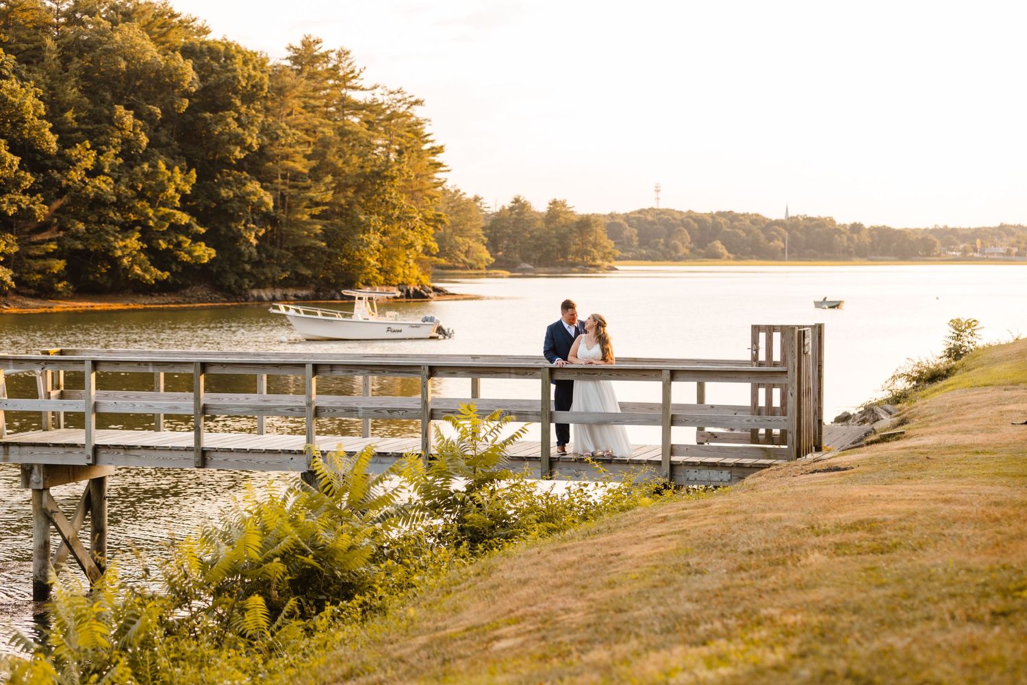 Waterfront at the Elks Wedding Portsmouth NH outdoor bride and groom sunset photos on dock