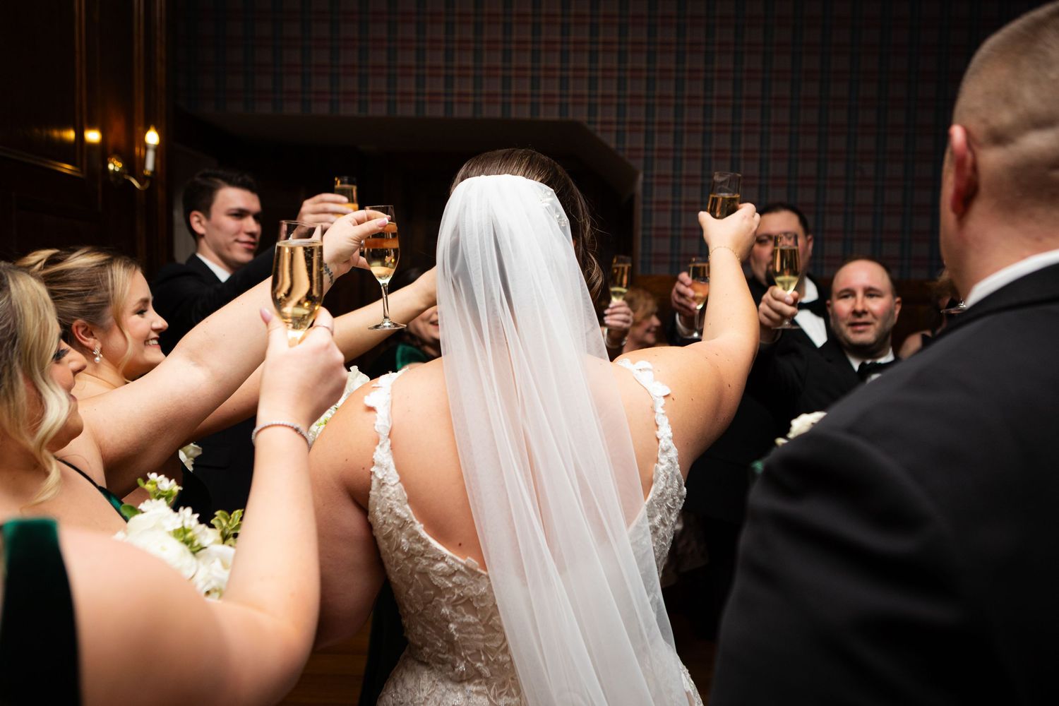Tupper Manor wedding Billiard Room bridal party celebrating after ceremony Endicott College Beverly MA