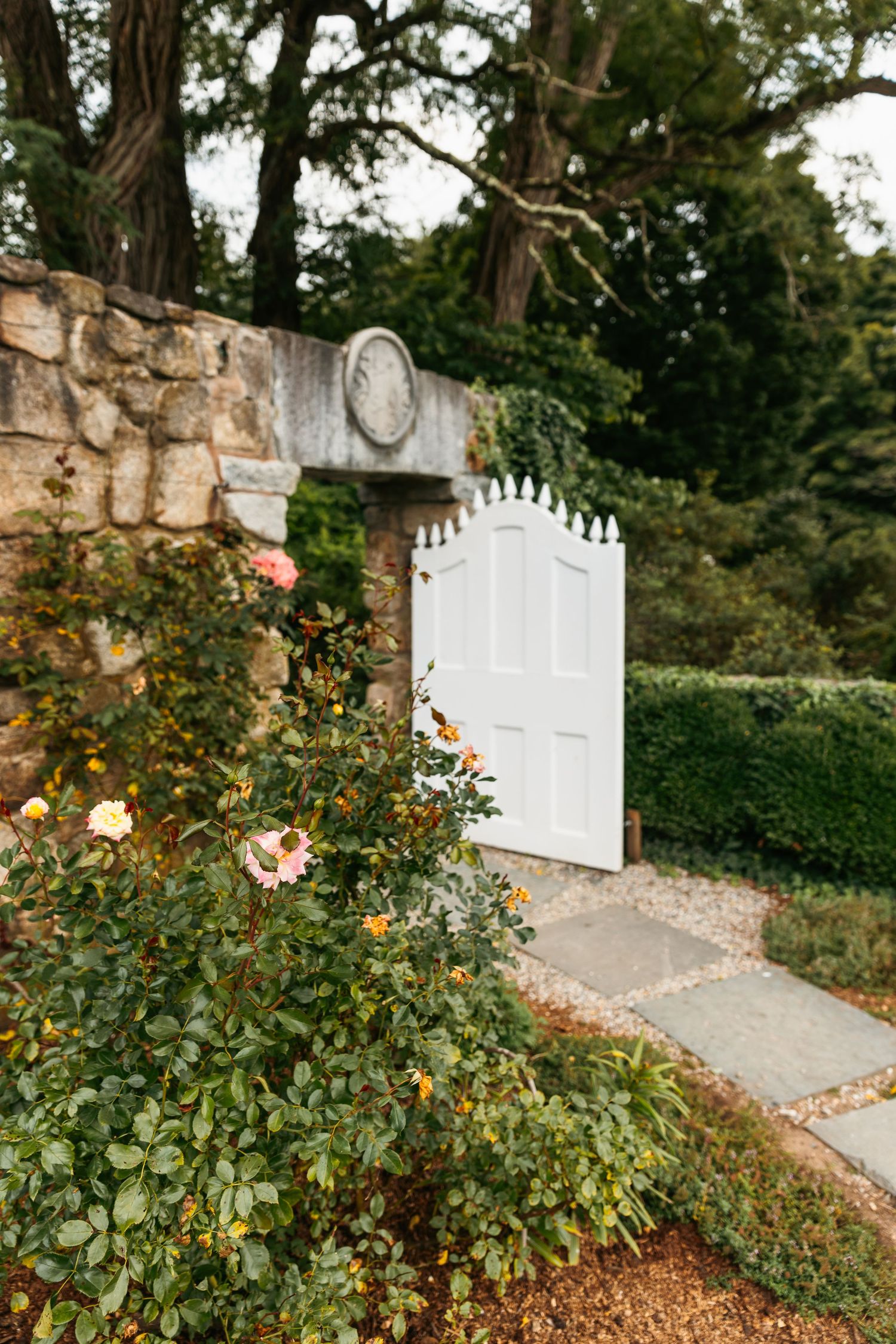 John Hay Estate at the Fells Summer Wedding Newbury NH estate wedding venue cocktail hour secret garden door with pink roses