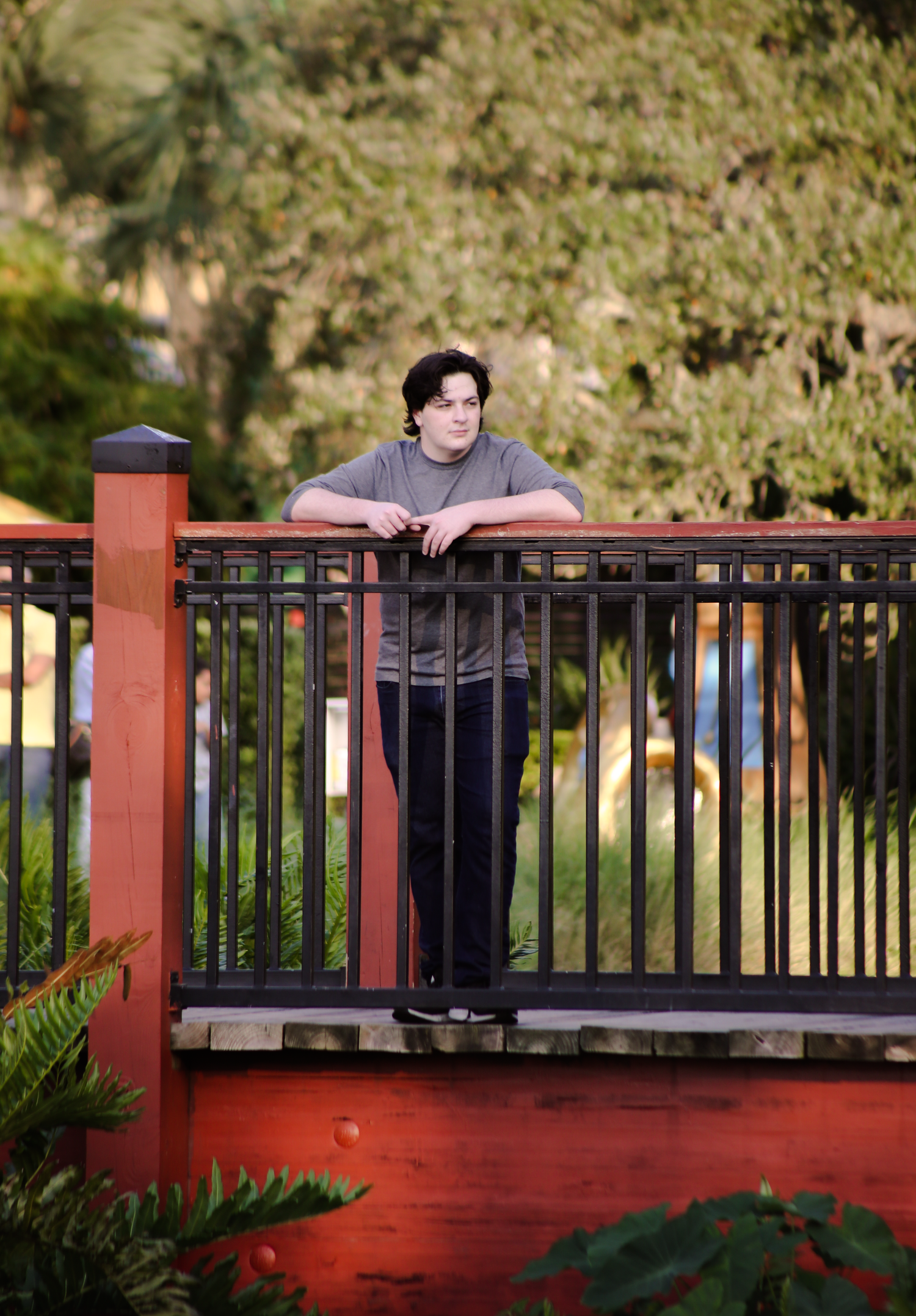 Teenage boy leaning on a red iron railing bridge surrounded by lush green tropical foliage.