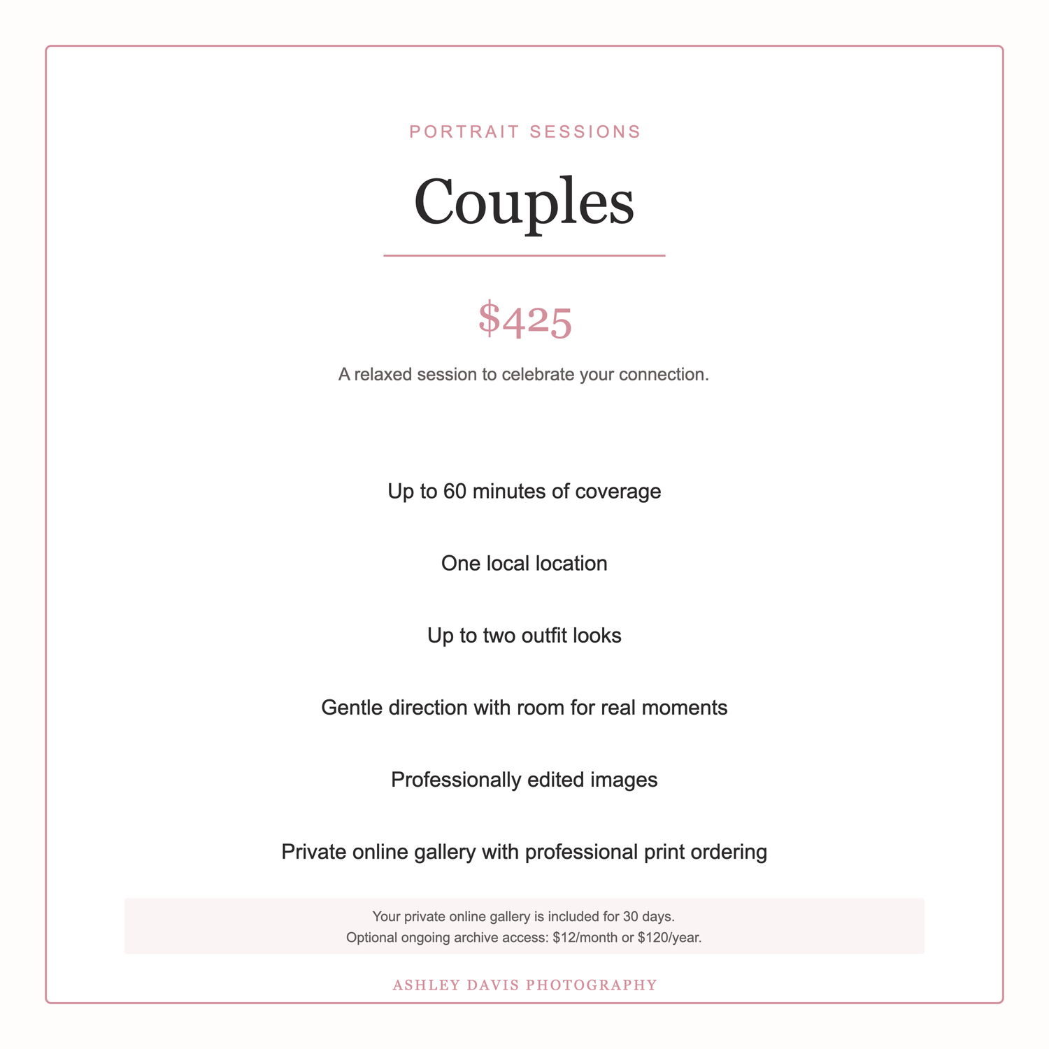 Ashley Davis Photography couples portrait session pricing card showing $425 package details.