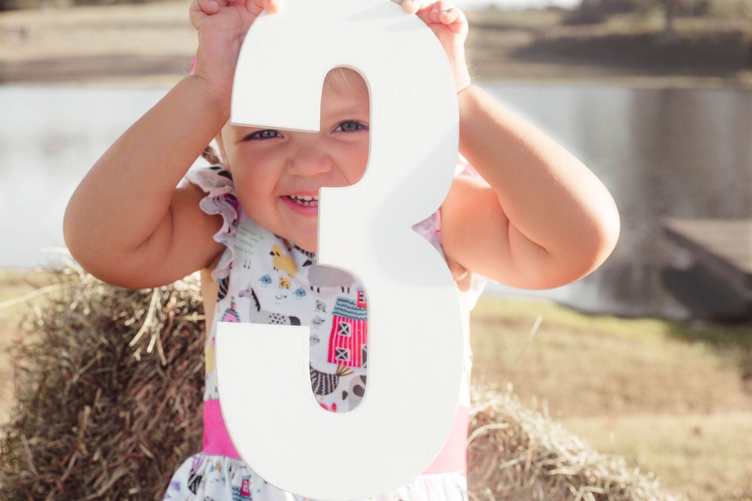 Happy toddler girl in a floral dress holds a large number three outdoors near a pond.