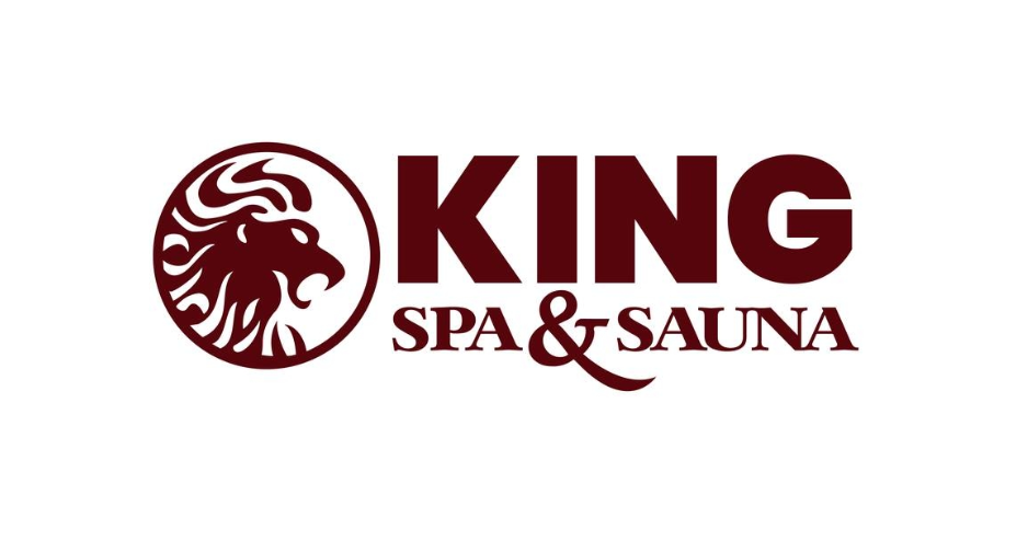 King Spa & Sauna logo featuring a lion emblem in dark red, bold typography for a luxury wellness brand.
