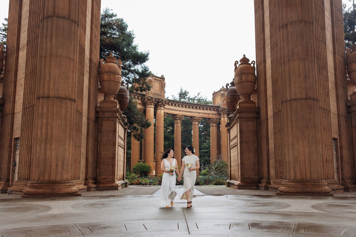 LGBTQ elopement at Palace of fine art. Documentary wedding photographer
