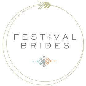 Festival Brides logo with geometric arrow design and tribal pattern.