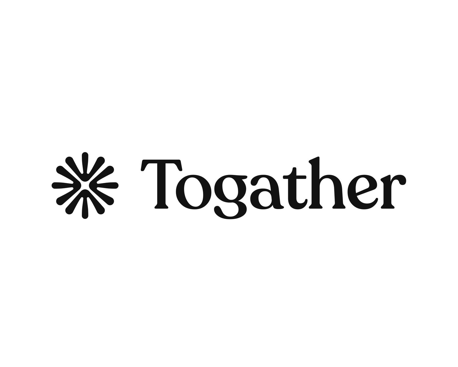 Togather logo featuring minimalist black sunburst icon and text.