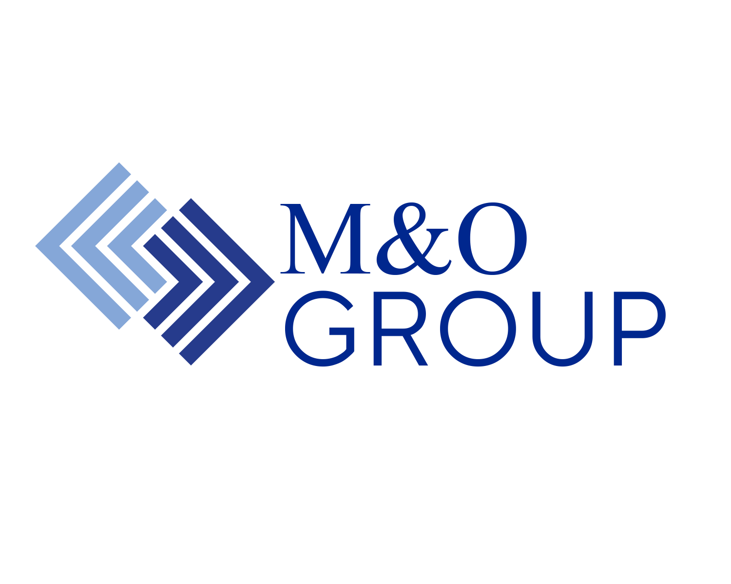 Corporate logo for M&O Group featuring angular geometric shapes in light and dark blue beside blue text.