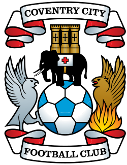 The Coventry City Football Club crest features an elephant standing on a soccer ball between a silver bird and golden phoenix.