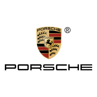 Three variations of the Porsche logo showing the iconic black and gold shield design and wordmark.