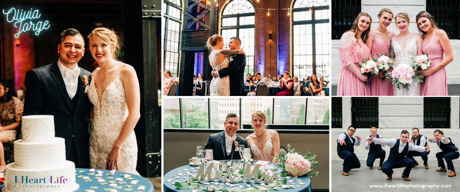 Wedding photo collage showing cake cutting and celebration moments with family and friends.