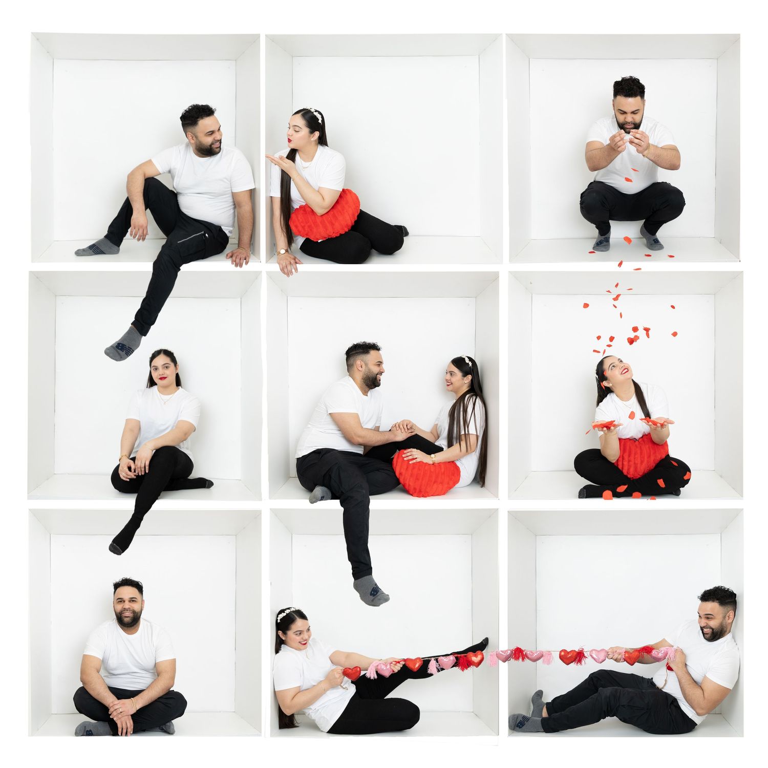 Creative Valentine's themed photo collage with couple in white studio boxes.