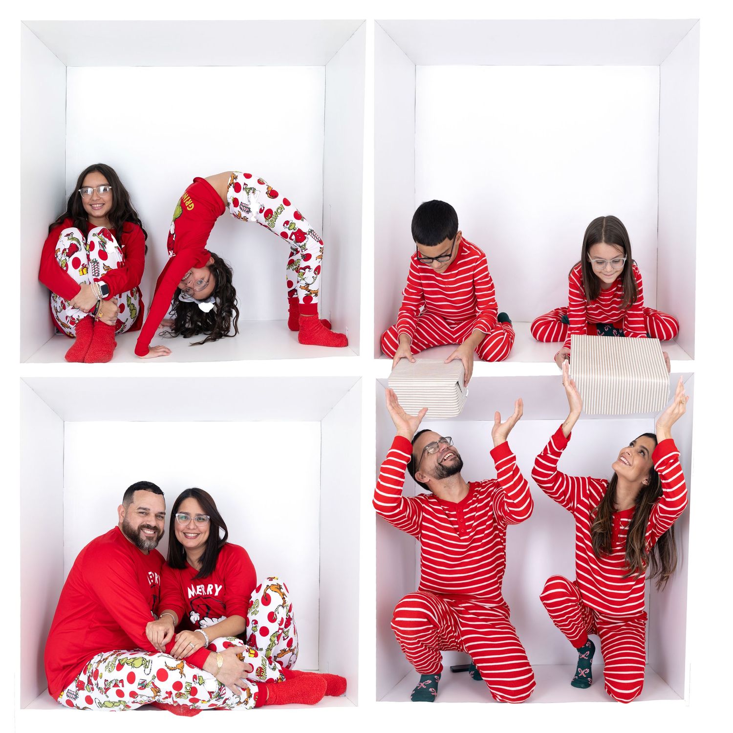 Collage of family Christmas photos featuring matching pajamas and fun poses in white studio setup.