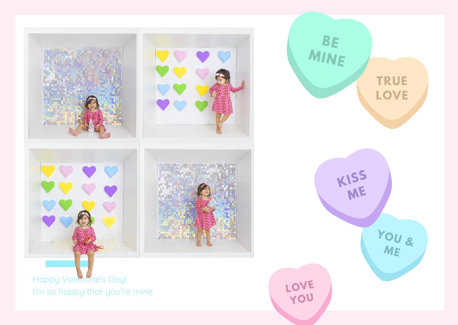 Colorful Valentine's themed artwork with heart shapes and pastel candy heart illustrations.