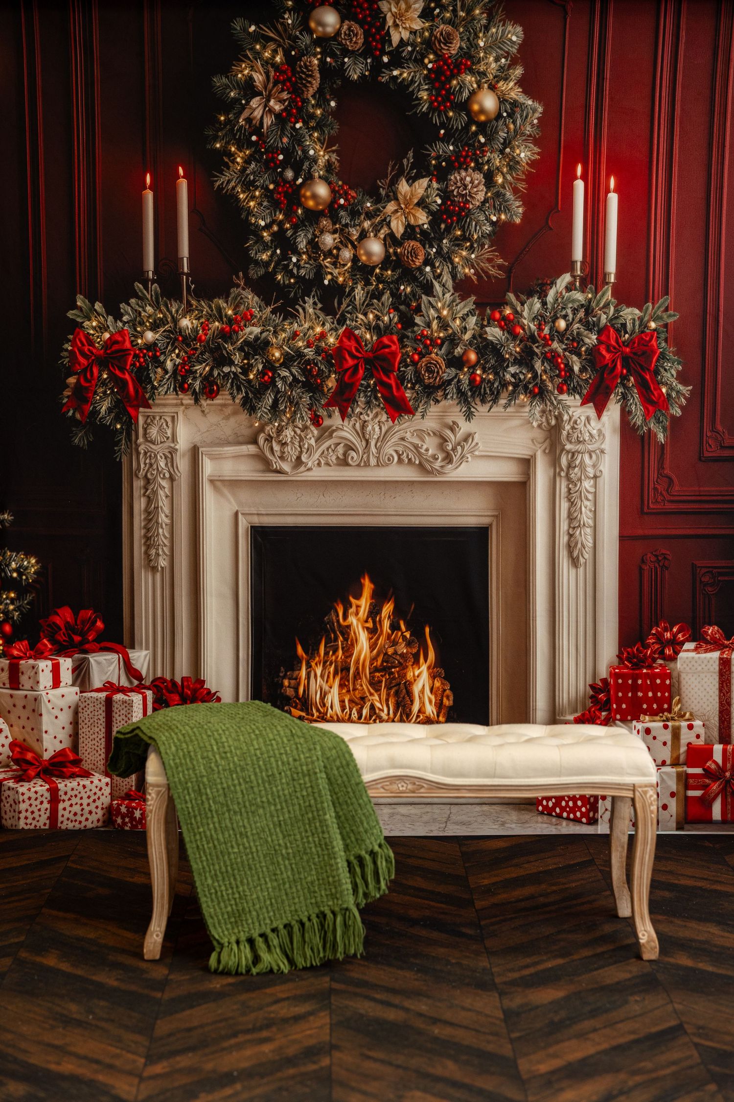 Festive Christmas fireplace mantel decorated with garland, red bows, and wrapped presents on herringbone wood floors.