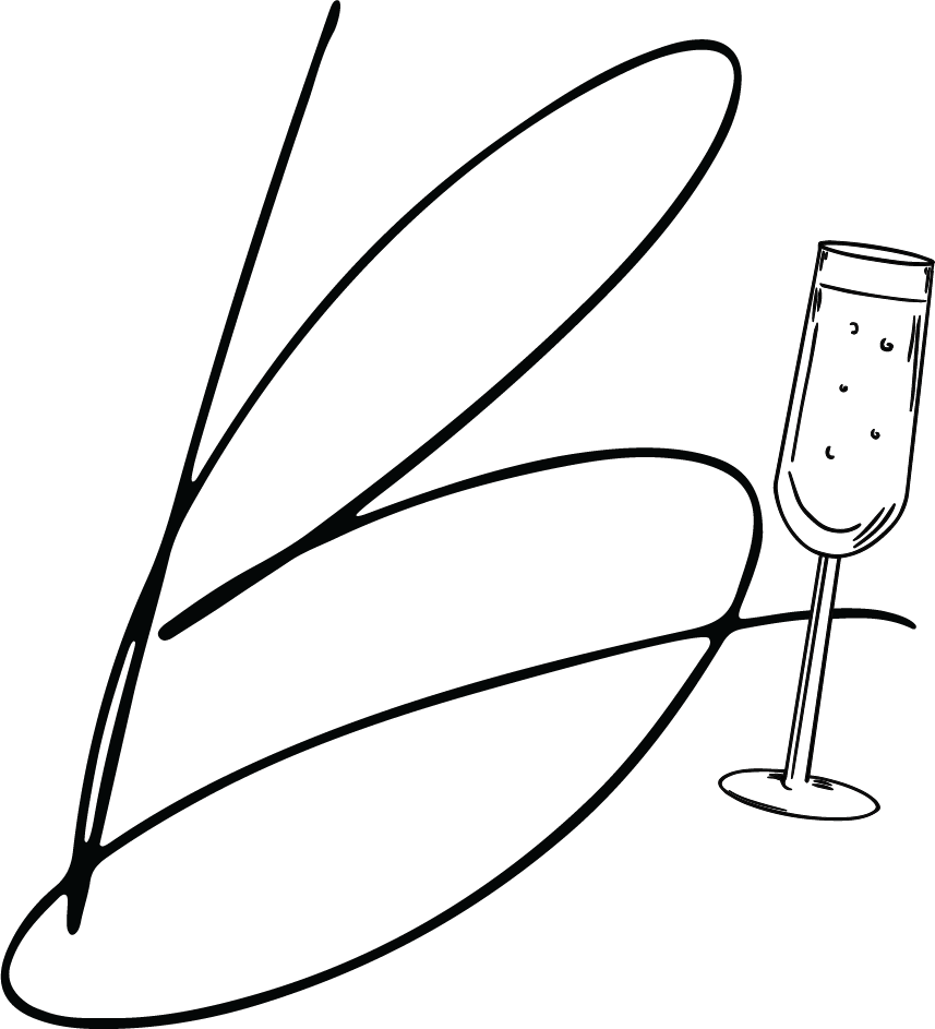 Minimalist sketch of wine glasses in black ink on white background.