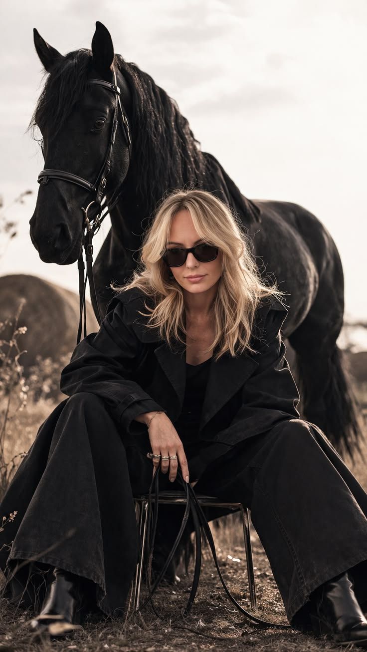 A blonde woman in black outfit and sunglasses sits on a chair beside a majestic black horse in a field.