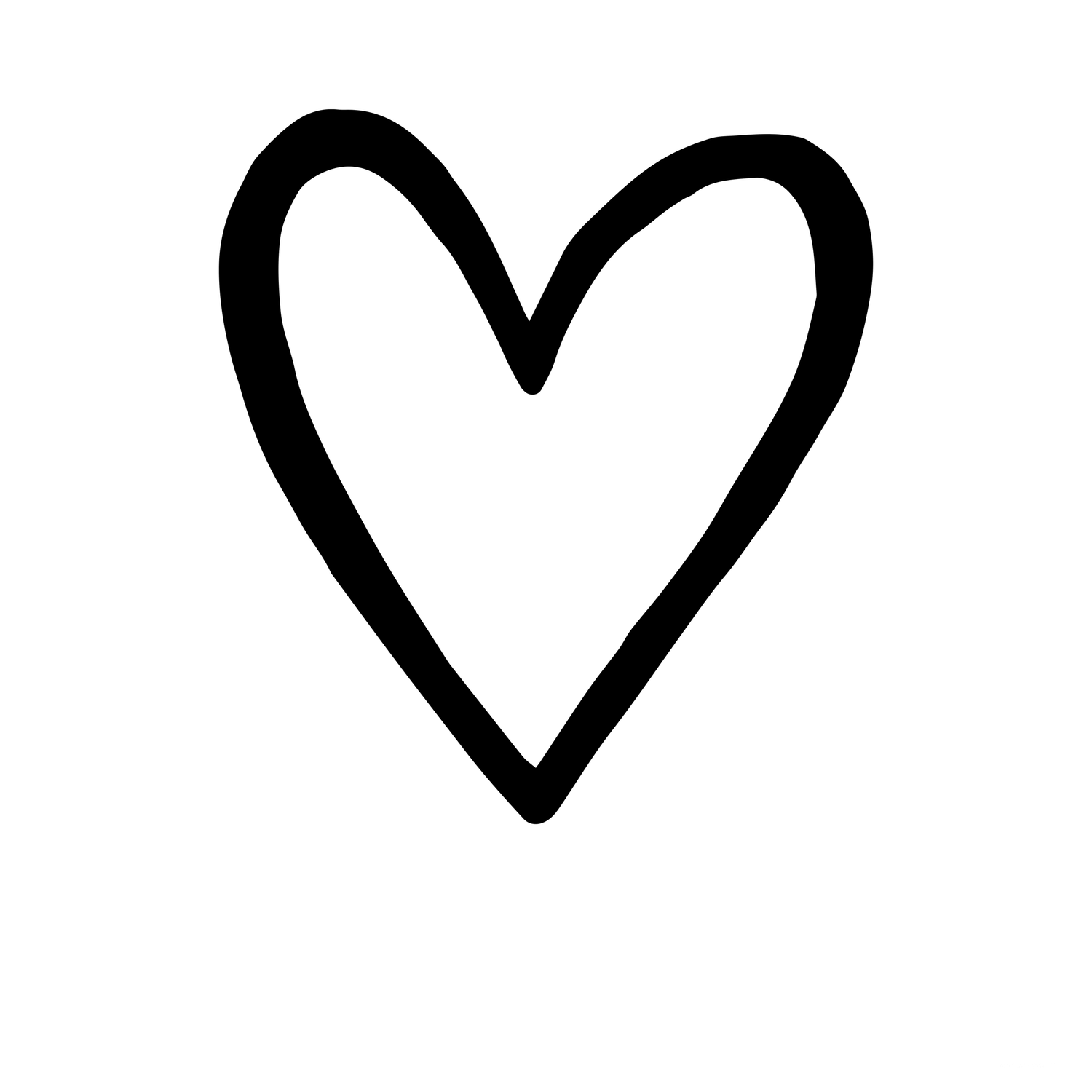Bold hand-drawn black heart outline illustration on clean white background.