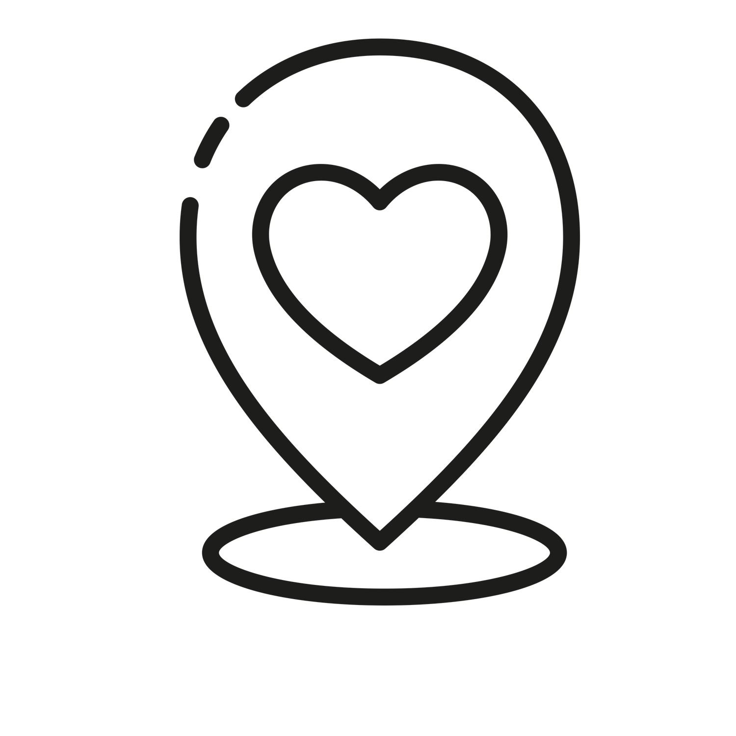 Black outline location pin icon with heart shape inside on white background.