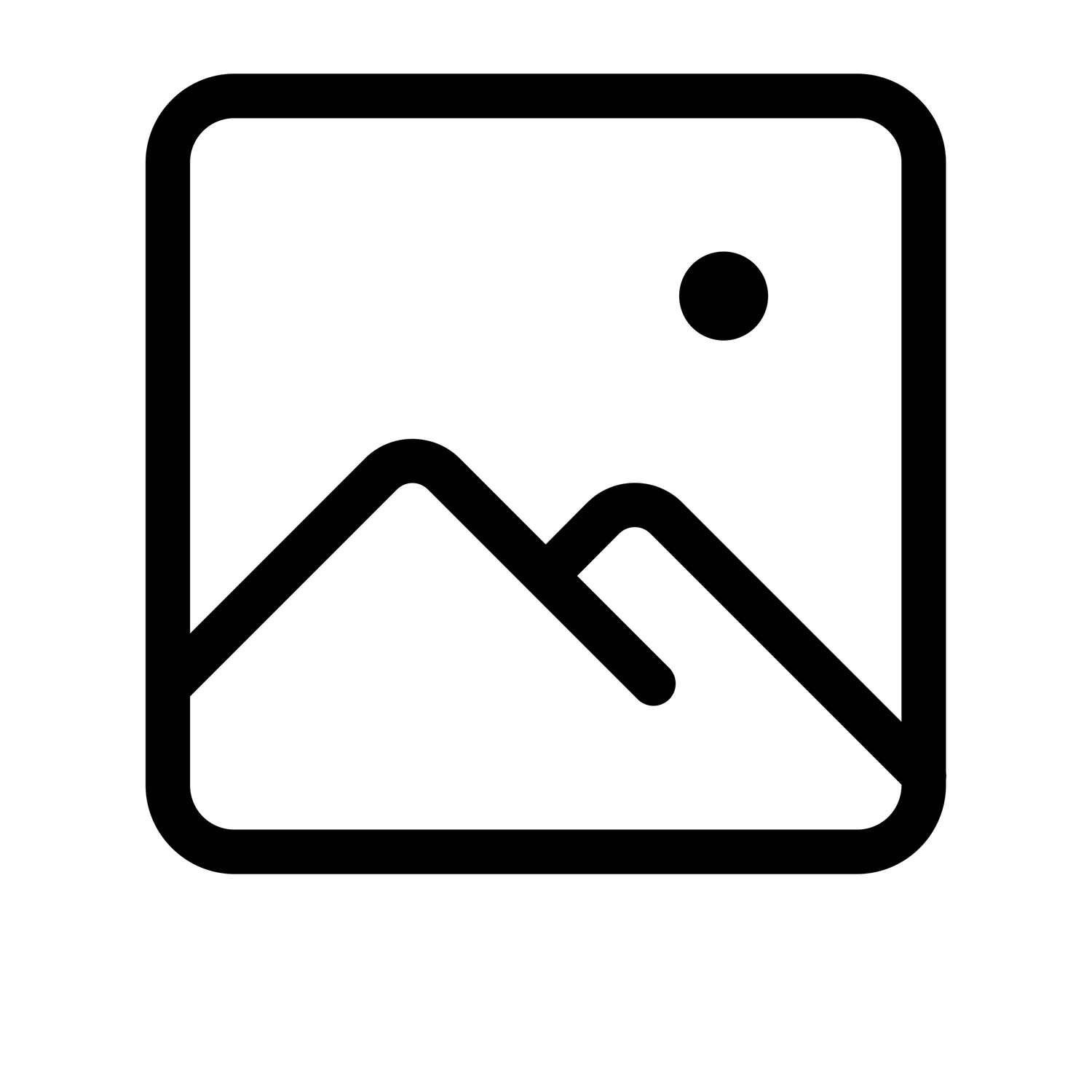 Simple black outline image placeholder icon with mountain landscape on white background.