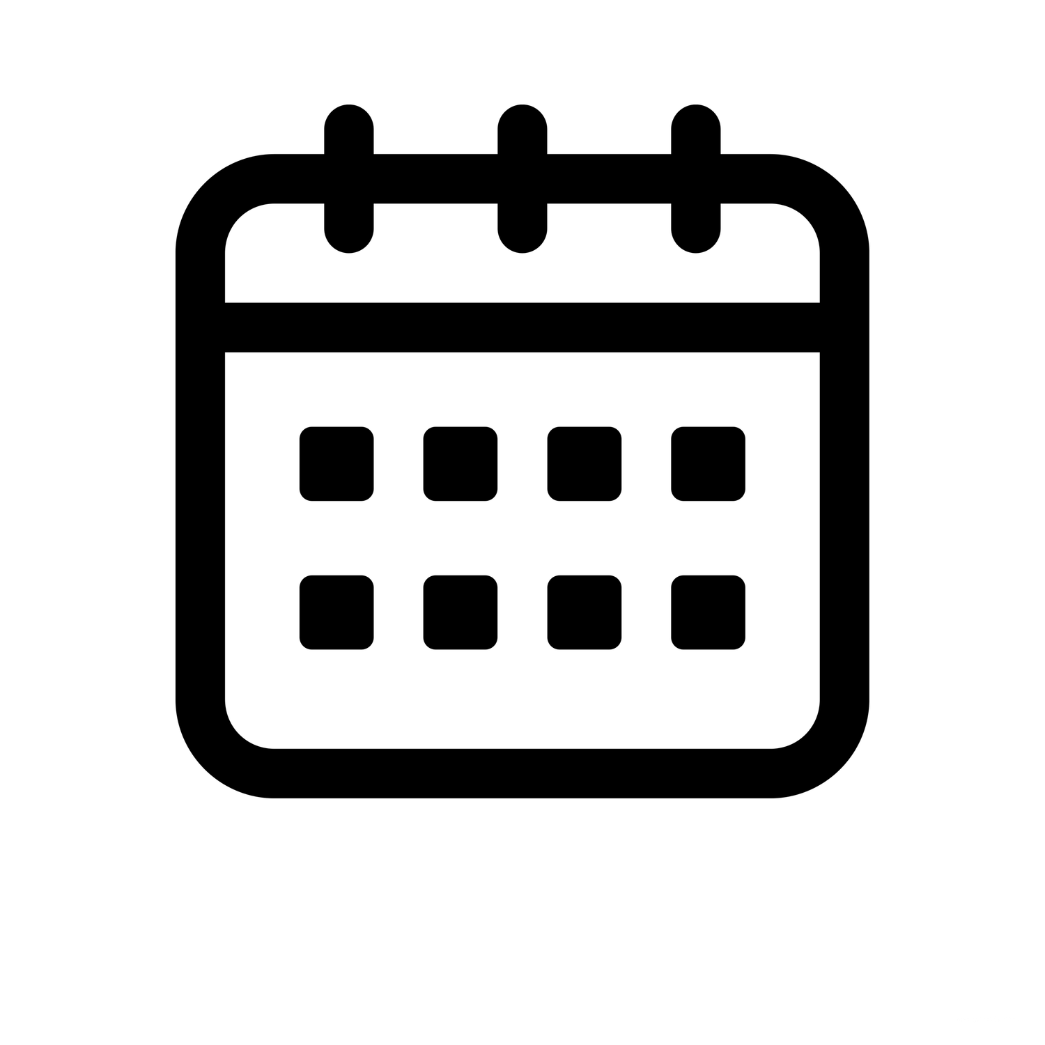 Bold black and white calendar icon with rounded corners and grid on white background.