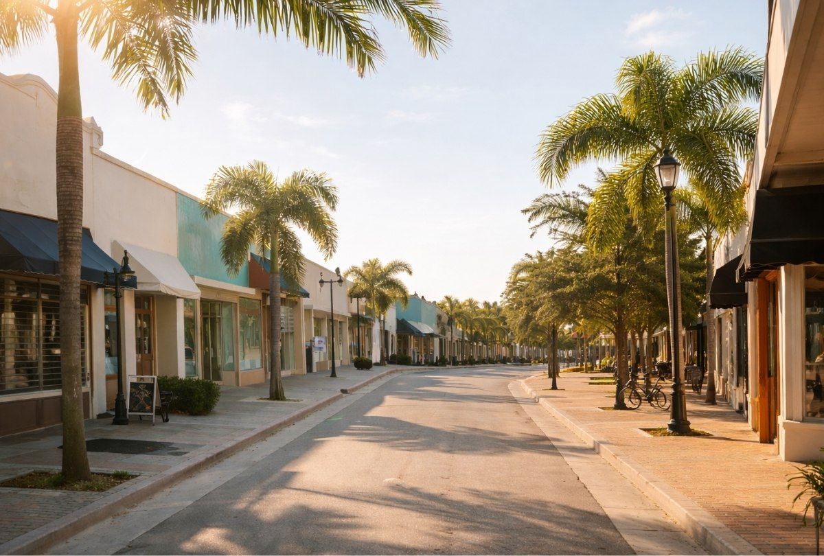 Palm tree-lined shopping center street in Florida with storefronts under a bright blue sky.