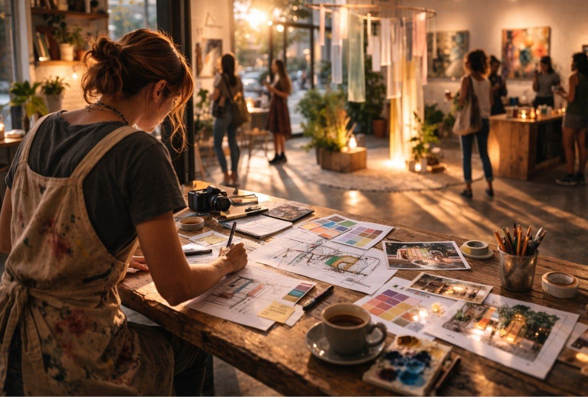 Artist designing a Local Art Encounter installation inside a community gallery space