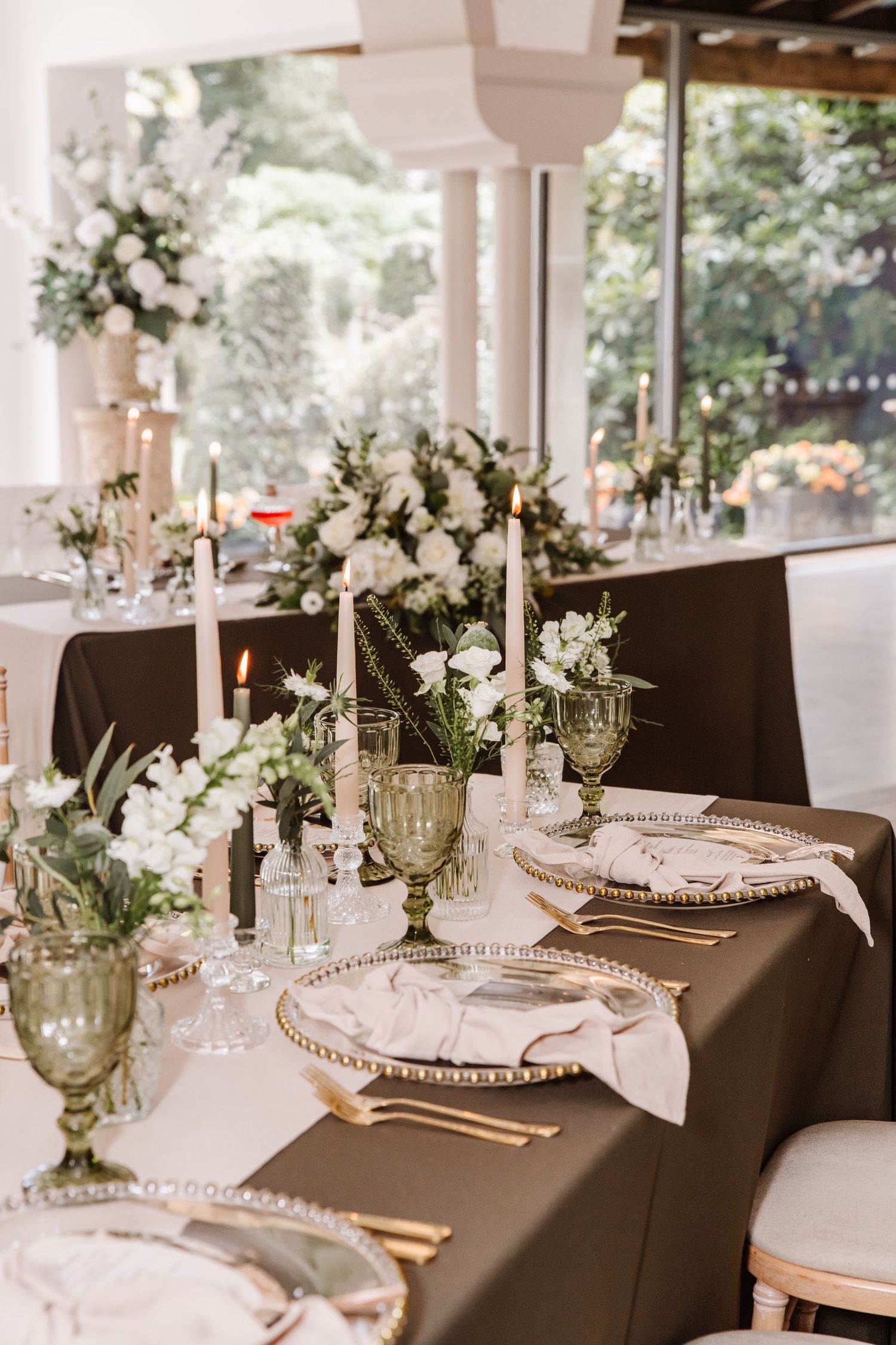 Olive green wedding decor at the Italian Villa, Compton Acres Poole from a Dorset candid wedding photographer