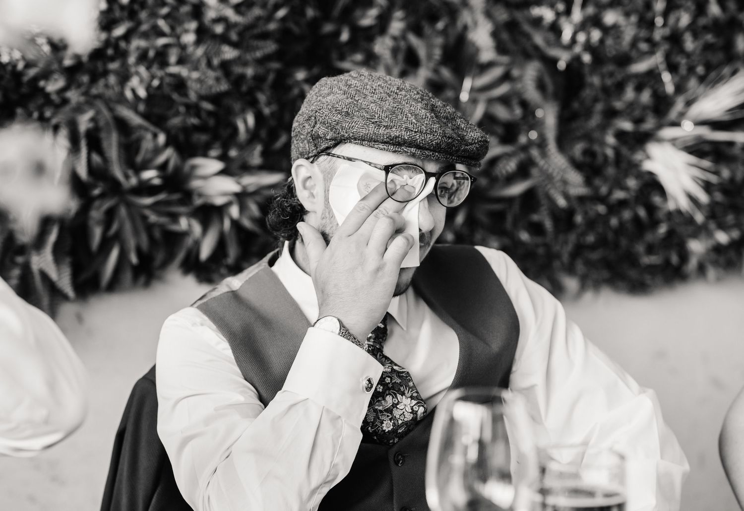 Groom cries at Dorset Festival barn wedding at Cerne Abbas Brewery. Candid photos from a relaxed Dorset wedding photographer